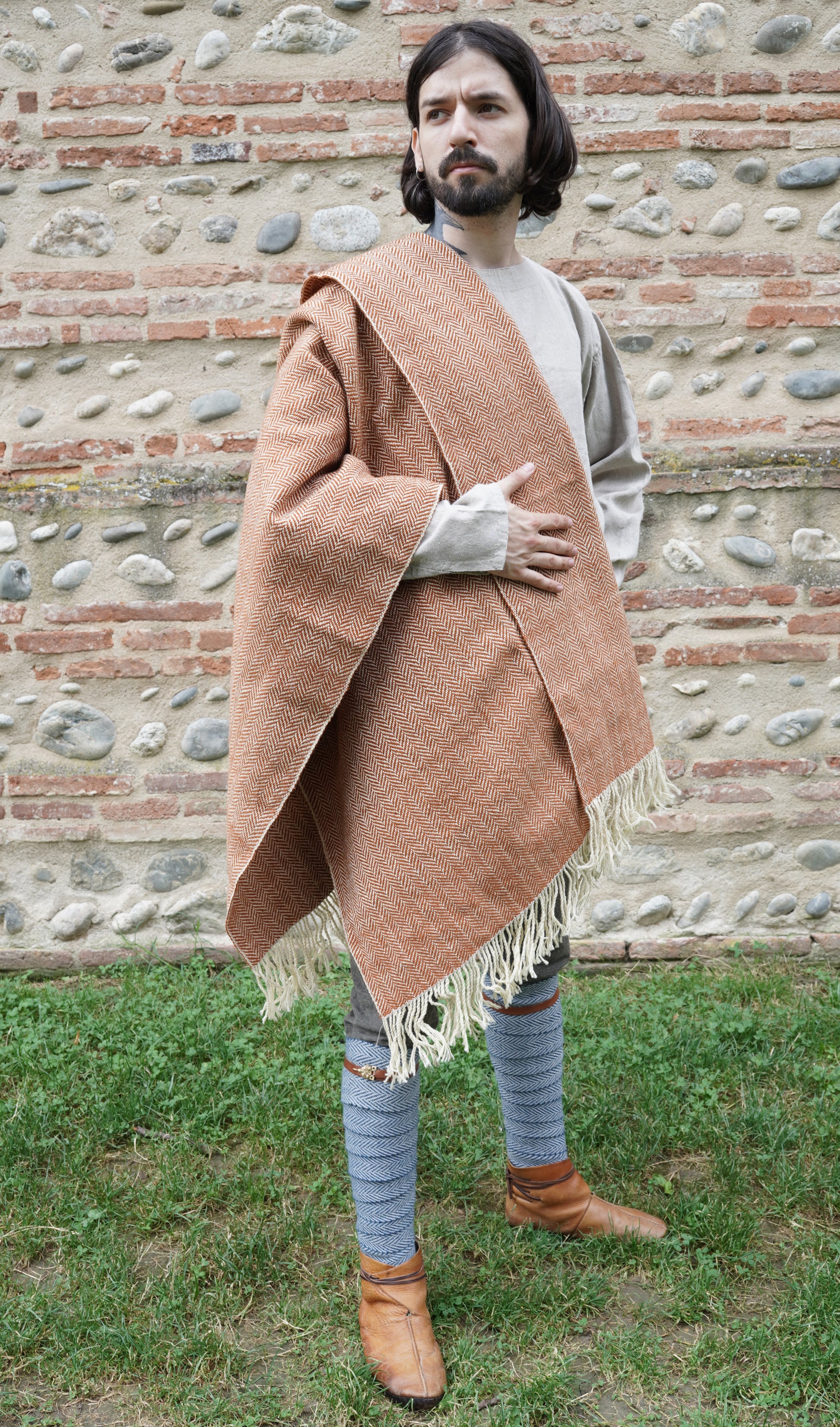 man dressed with Handwoven Herringbone Twill Cloak on middle ages outfit