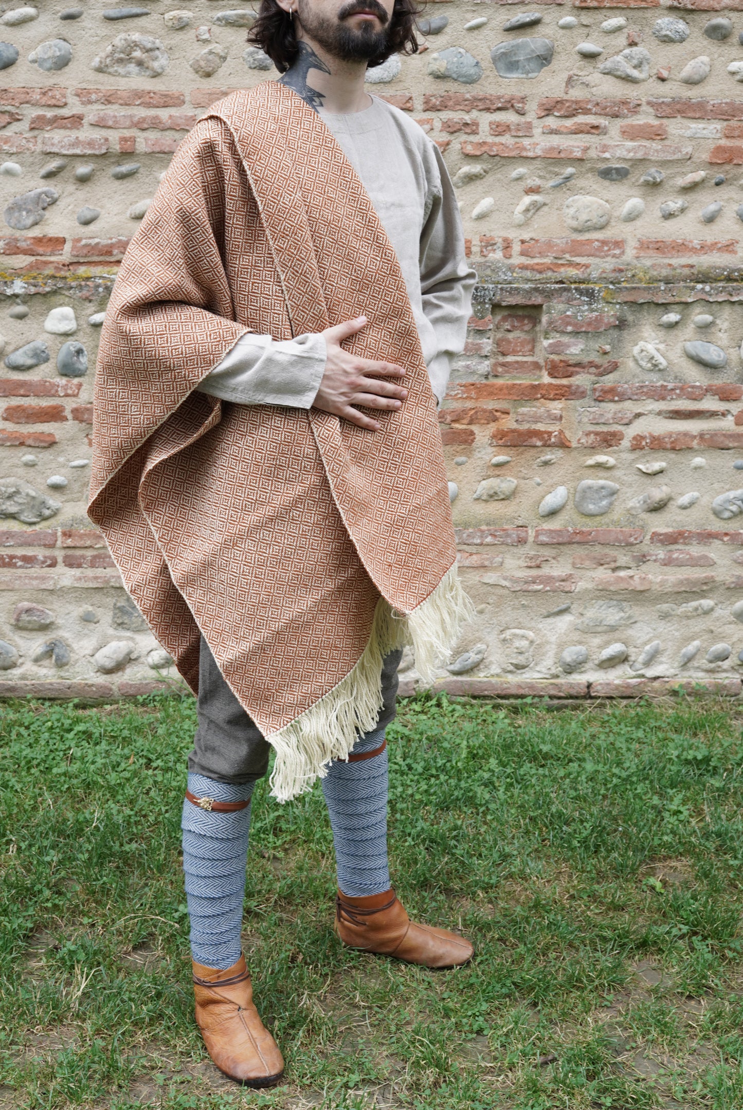 man dressed with Handwoven Diamond Twill Cloak  with middle ages outfit